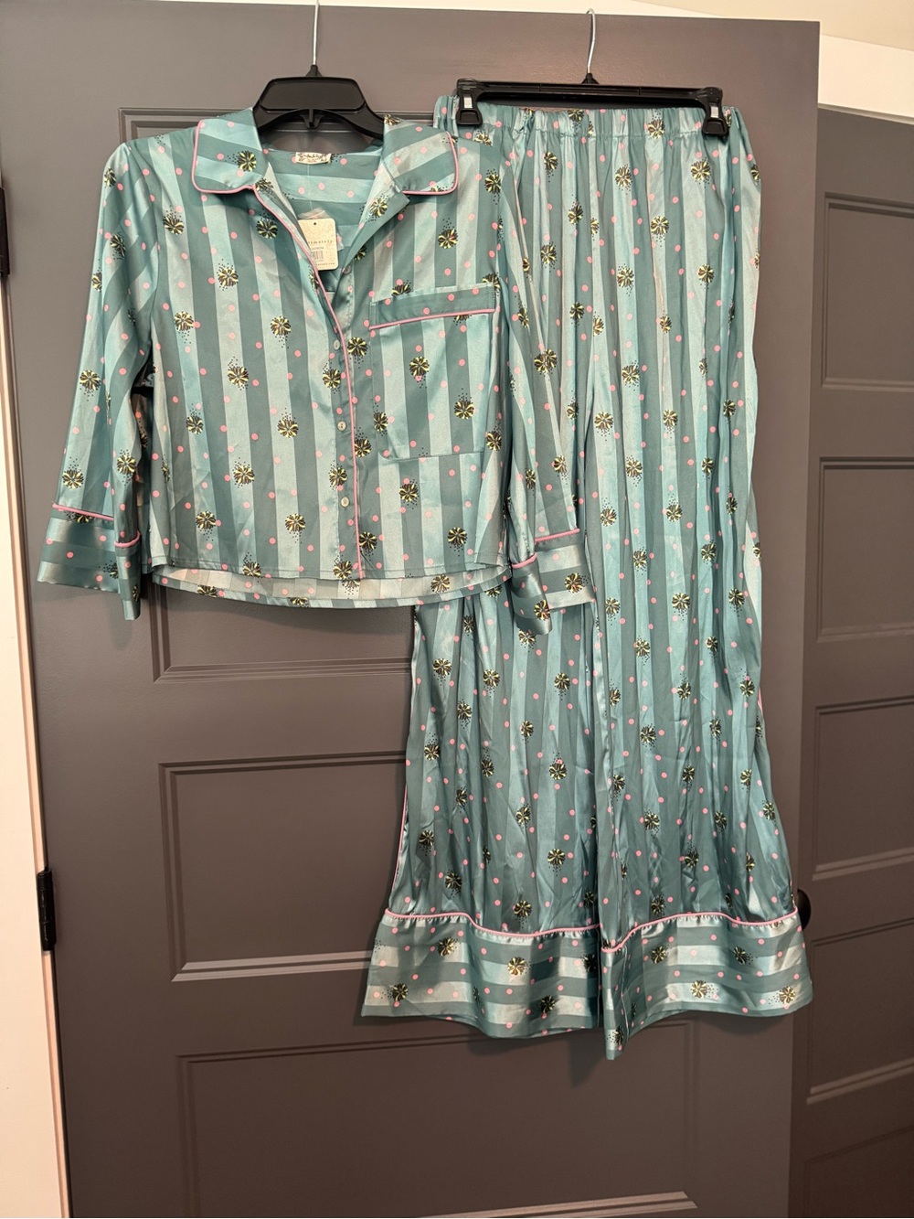 Free People Teal Satin Pajama Top with Pink Polka Dots
